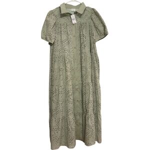 Happy Threads Comfy Eyelet Dress Green Cottage Midi Tiered Short Sleeve XL - NWT